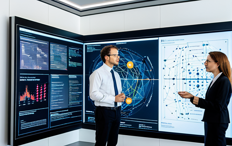 A diverse group of professional researchers and cultural experts, fully clothed in professional business attire, are gathered around a large, interactive digital display in a modern, well-lit research center. The screen shows intricate knowledge graphs and interconnected data visualizations, symbolizing a living knowledge network. They are engaged in collaborative discussion, pointing at the display with a natural pose. This image represents the ethical synthesis of traditional and modern information. Safe for work, appropriate content, fully clothed, professional, perfect anatomy, correct proportions, well-formed hands, proper finger count, natural body proportions, professional photography, high quality, studio lighting.