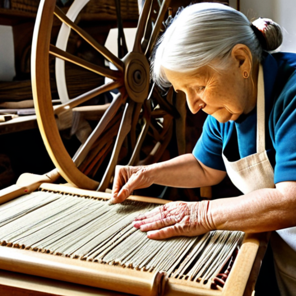 A wise elderly German craftswoman, with kind eyes, teaching a young student in a traditional, well-lit workshop. The woman is wearing a modest, traditional apron over practical clothing, demonstrating a complex weaving technique on an antique loom. The young student, dressed in professional yet comfortable attire, attentively observes, with a modern tablet subtly visible for documentation. Traditional wooden tools and natural yarn are arranged in the background, hinting at generations of skill. The scene emphasizes intergenerational learning, the merging of ancient wisdom with modern technology for cultural preservation, and a respectful, educational atmosphere. The subjects exhibit perfect anatomy, correct proportions, natural poses, well-formed hands, and proper finger count. This is safe for work, appropriate content, and family-friendly.