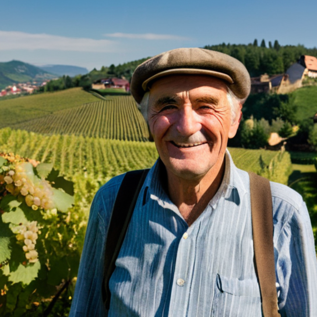지역 언어와 토착지식의 관계 - **Prompt:** An authentic, weathered elderly German "Wengerter" (winemaker) in his vineyard, possibly...