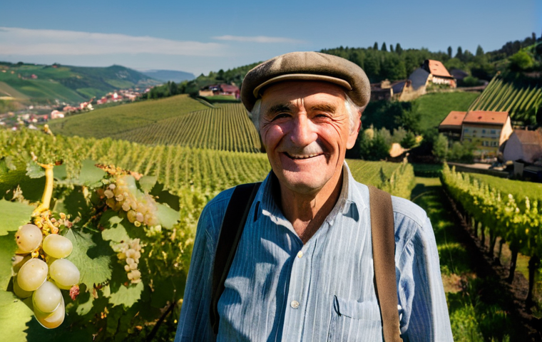지역 언어와 토착지식의 관계 - **Prompt:** An authentic, weathered elderly German "Wengerter" (winemaker) in his vineyard, possibly...