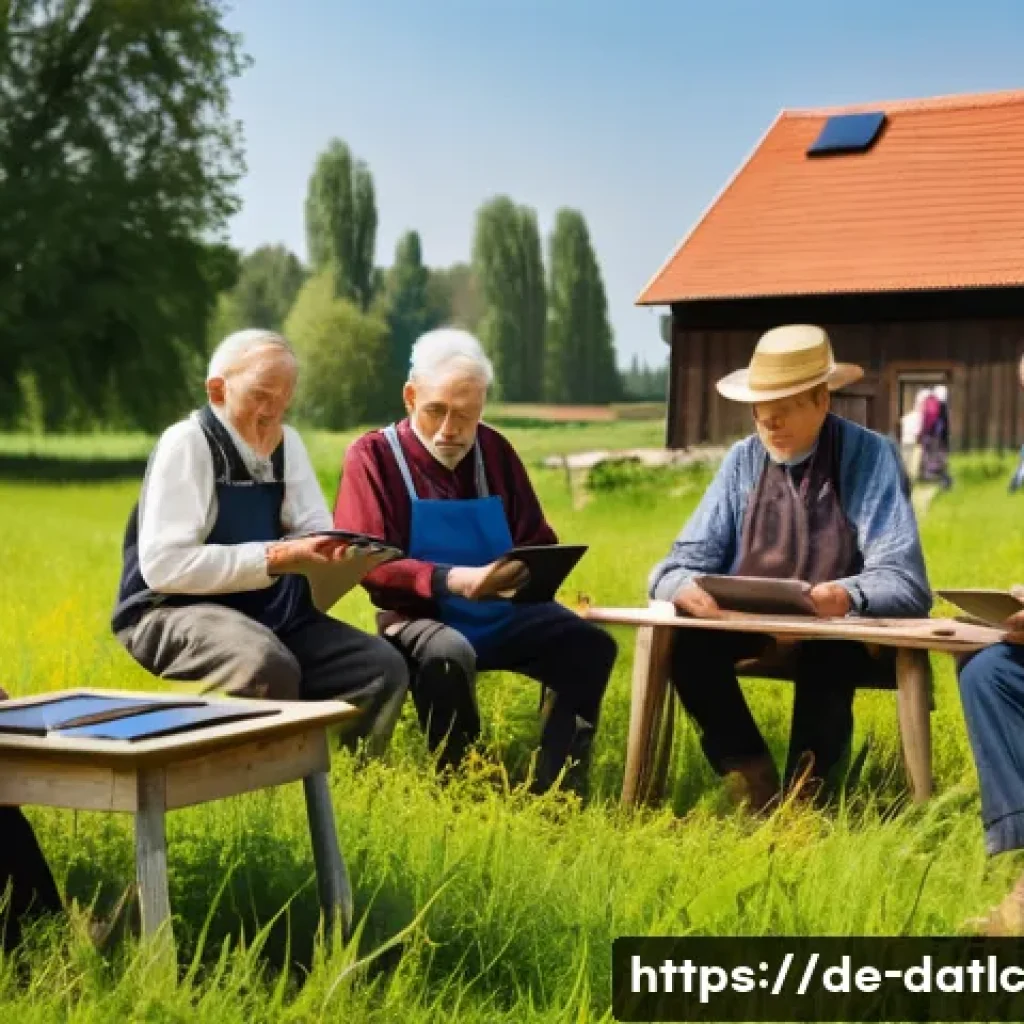 토착지식 데이터베이스를 통한 사회적 혁신 - A vibrant rural German village scene showing elderly farmers and craftsmen sharing traditional knowl...