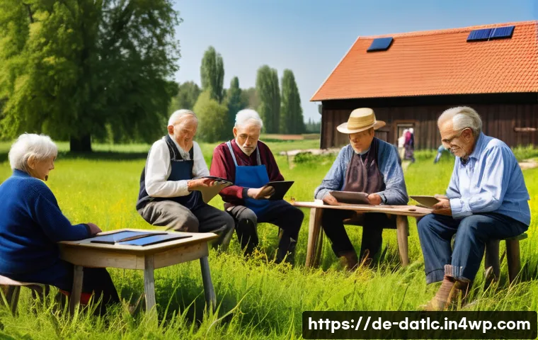 토착지식 데이터베이스를 통한 사회적 혁신 - A vibrant rural German village scene showing elderly farmers and craftsmen sharing traditional knowl...