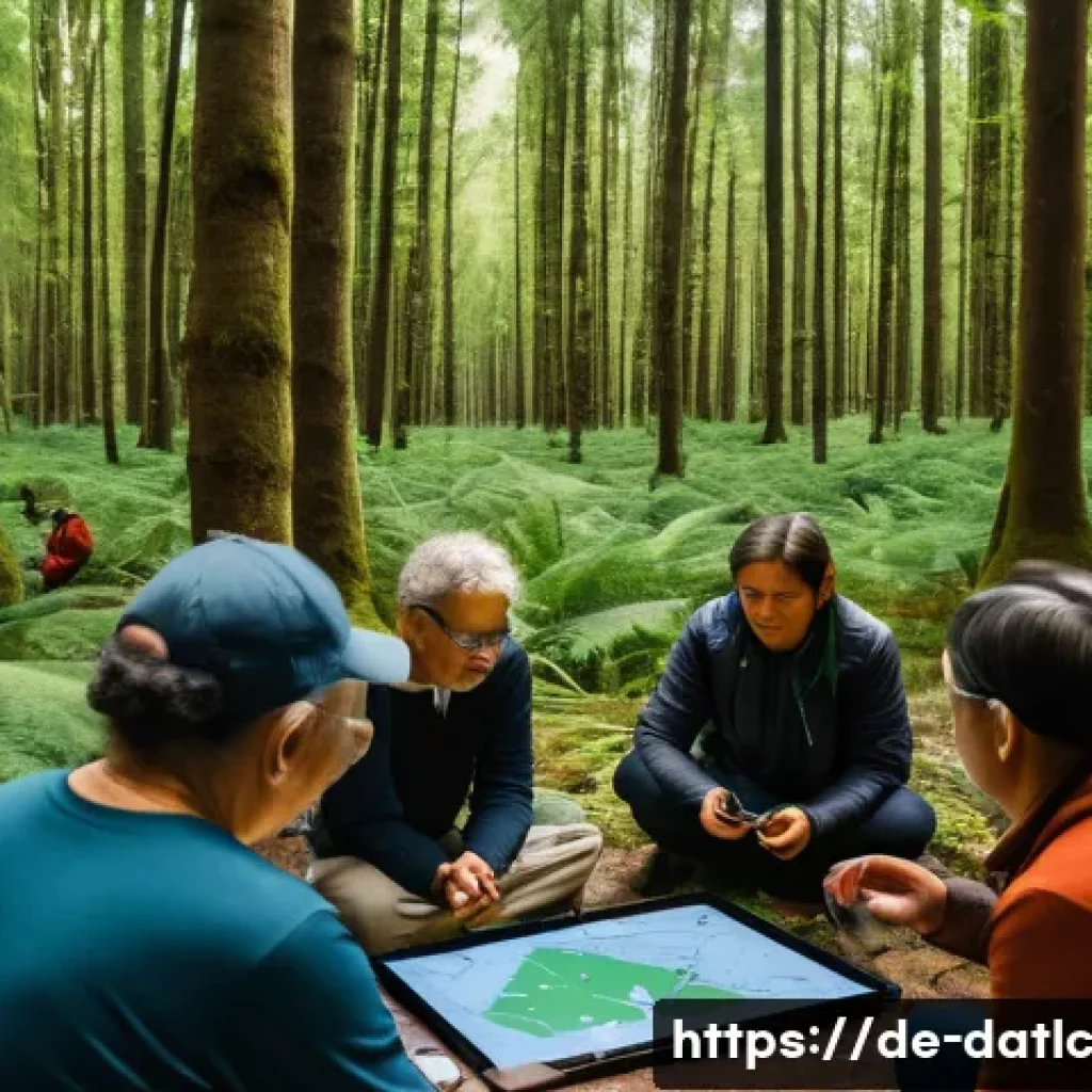 지리 정보 시스템 GIS 과 토착지식 - A detailed scene showing a collaborative mapping workshop in a German forest, where indigenous elder...