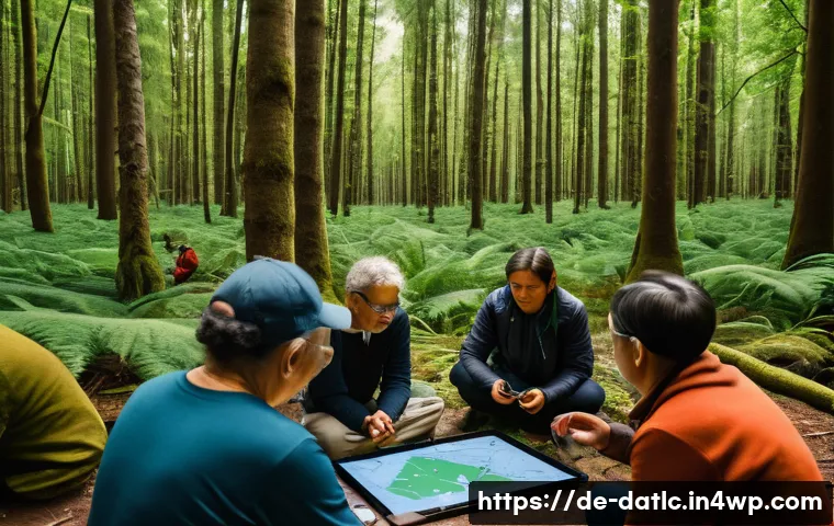 지리 정보 시스템 GIS 과 토착지식 - A detailed scene showing a collaborative mapping workshop in a German forest, where indigenous elder...