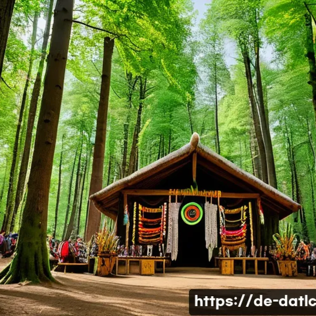 토착지식 데이터베이스와 지속 가능성 목표 - A vibrant indigenous community gathering in a lush forest clearing in Germany, celebrating a traditi...