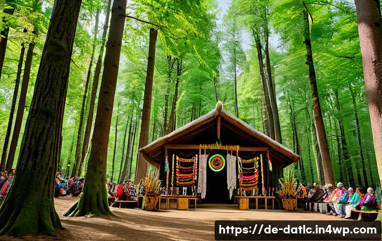 토착지식 데이터베이스와 지속 가능성 목표 - A vibrant indigenous community gathering in a lush forest clearing in Germany, celebrating a traditi...