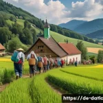 Home 22 토착지식 데이터베이스와 지역 사회의 변화 - A vibrant rural German village scene illustrating the impact of urbanization: young adults with back...