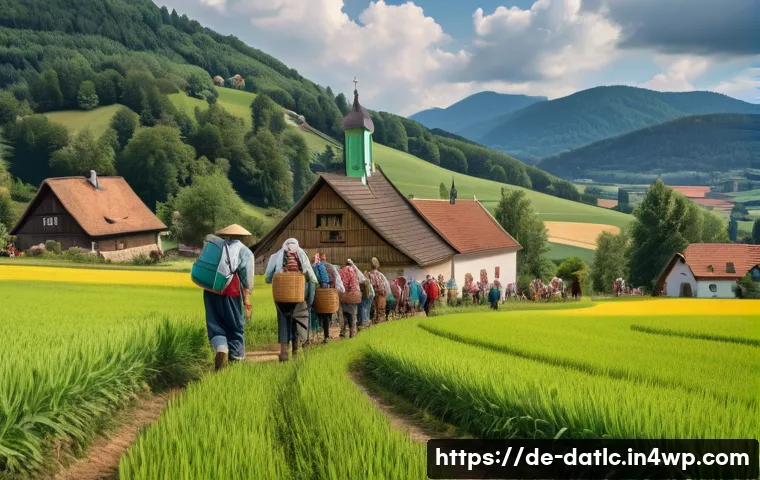 토착지식 데이터베이스와 지역 사회의 변화 - A vibrant rural German village scene illustrating the impact of urbanization: young adults with back...