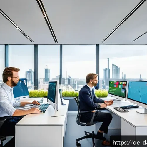 Home 30 토착지식 데이터베이스의 성공적인 사례 연구 - A modern office environment in a German mid-sized company, employees collaborating around a digital ...