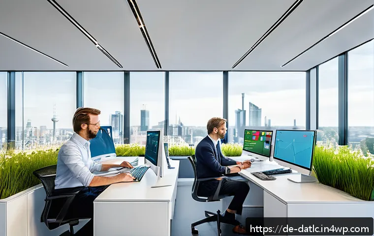 토착지식 데이터베이스의 성공적인 사례 연구 - A modern office environment in a German mid-sized company, employees collaborating around a digital ...