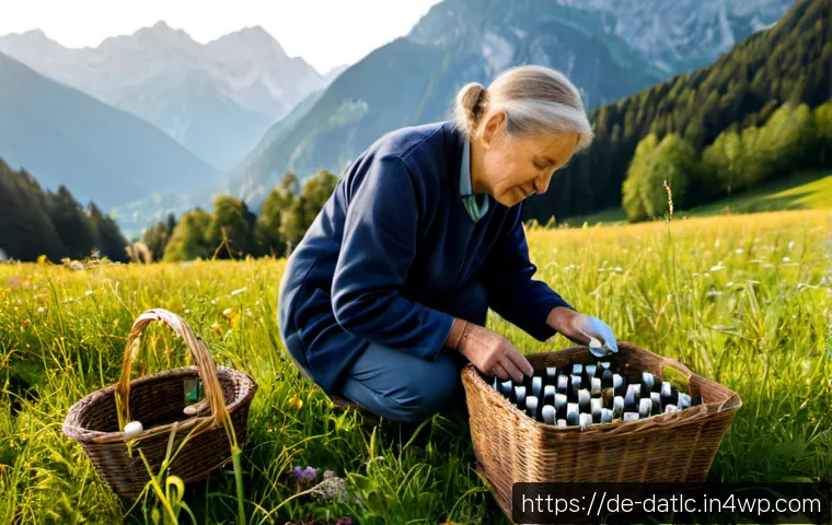 토착지식과 현대 과학의 접목 - Photorealistic scene in a German Alpine meadow at sunrise, an elderly local herbalist and a young en...